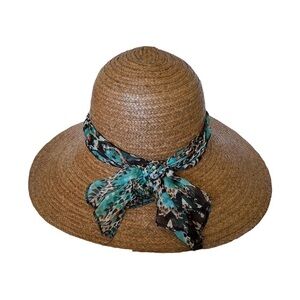 Kathy Jean woven hat with wide brim and multicolor fabric band with bow detail